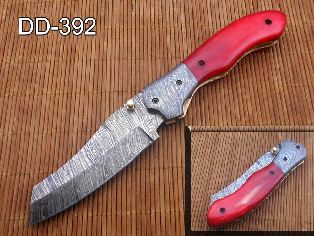 8" Tanto blade folding knife, Hand forged Twist Pattern Damascus steel, Equipped with Thumb pin & liner lock, Available in 5 different scales, Cow hide Leather sheath included