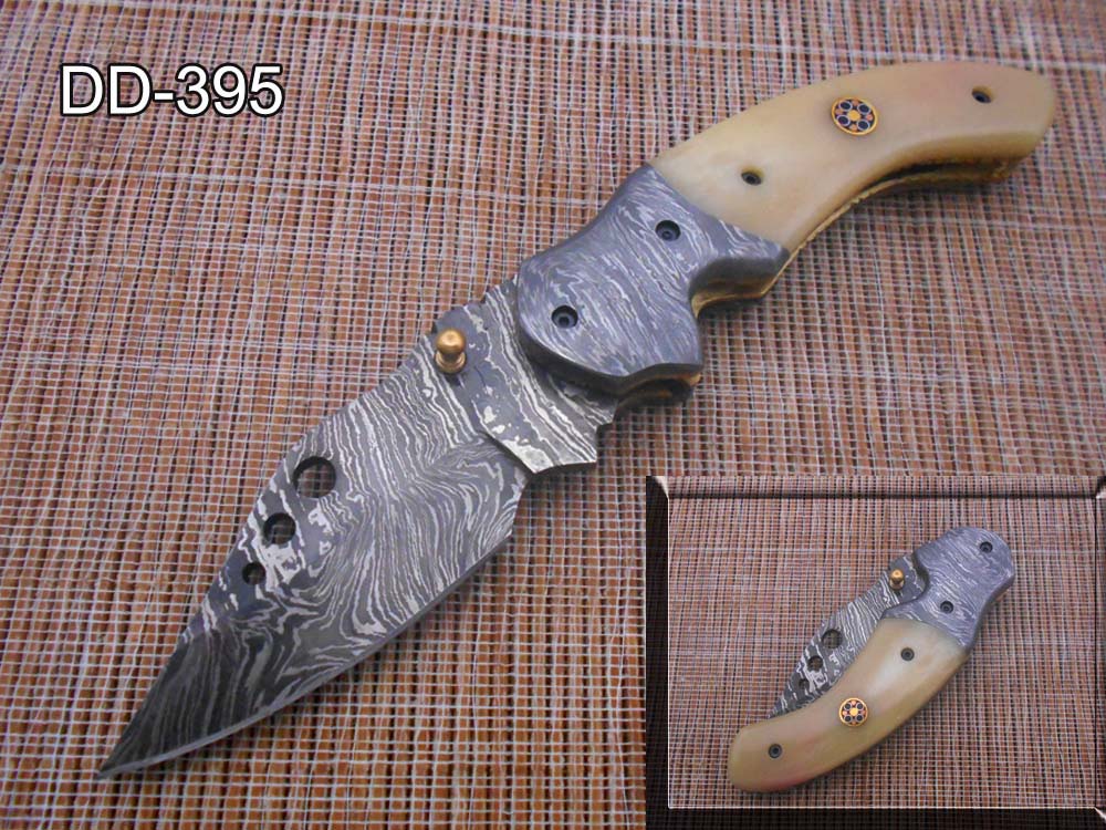 7.5" Folding Knife, 3.5" Hand Forged Twist Pattern Damascus Steel Blade with 3 Holes, Available in 3 Scale colors Pocket Knife, Liner Lock & Thumb knob Equipped, Cow Hide Leather Sheath included
