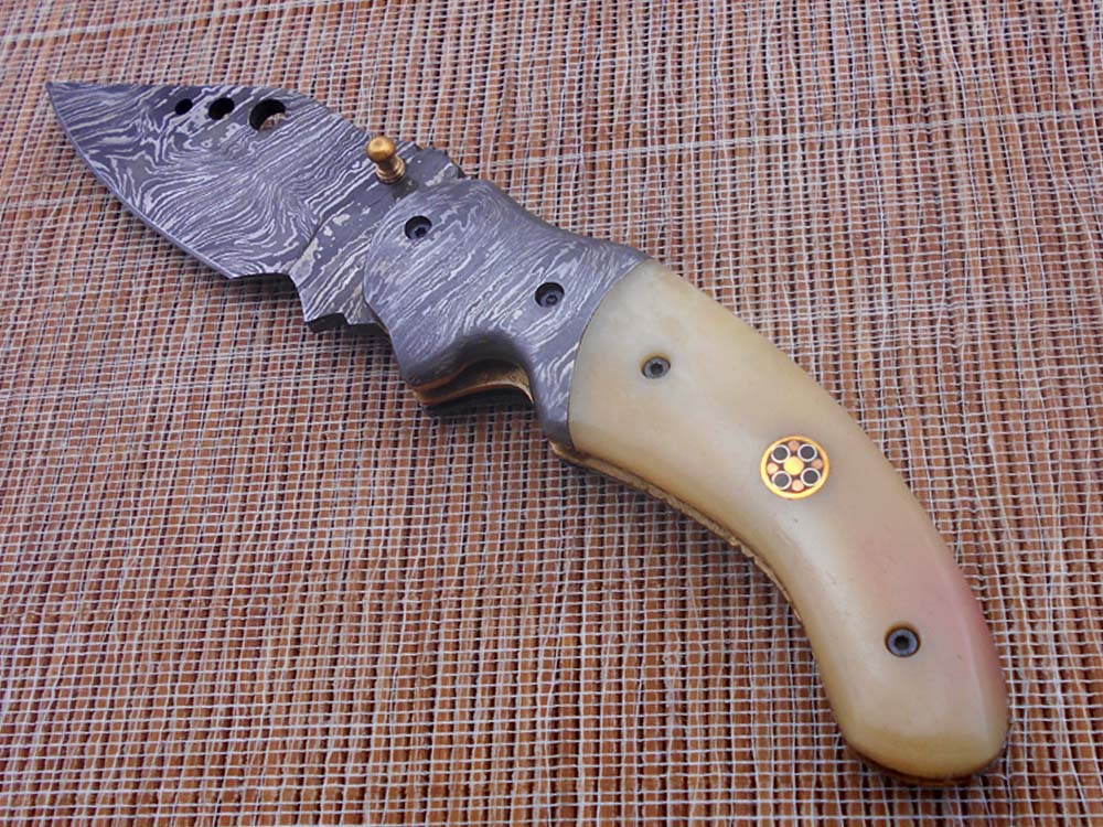 7.5" Folding Knife, 3.5" Hand Forged Twist Pattern Damascus Steel Blade with 3 Holes, Available in 3 Scale colors Pocket Knife, Liner Lock & Thumb knob Equipped, Cow Hide Leather Sheath included