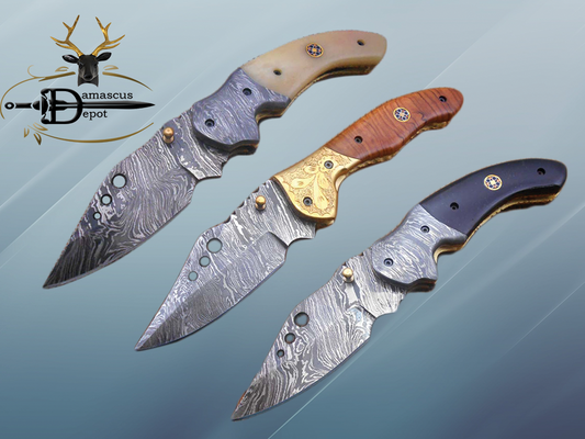 7.5" Folding Knife, 3.5" Hand Forged Twist Pattern Damascus Steel Blade with 3 Holes, Available in 3 Scale colors Pocket Knife, Liner Lock & Thumb knob Equipped, Cow Hide Leather Sheath included