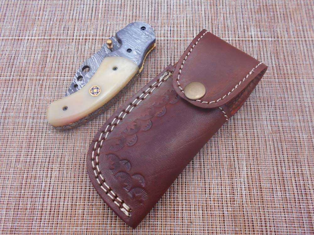 7.5" Folding Knife, 3.5" Hand Forged Twist Pattern Damascus Steel Blade with 3 Holes, Available in 3 Scale colors Pocket Knife, Liner Lock & Thumb knob Equipped, Cow Hide Leather Sheath included