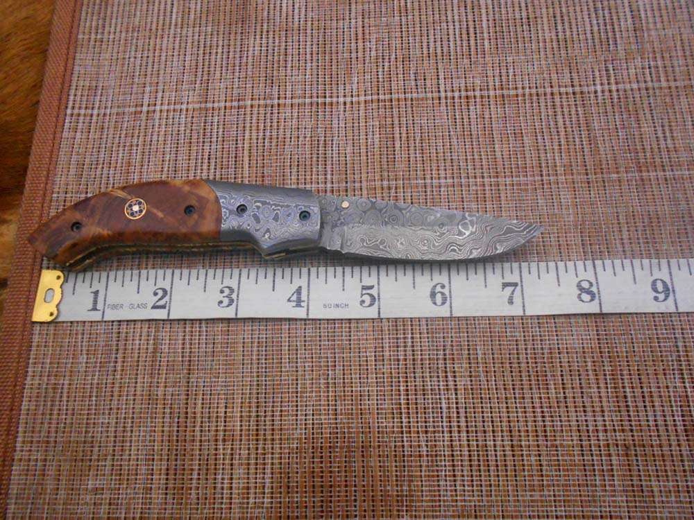 7.5" Folding Knife, 3.5" Hand Forged Twist Pattern Damascus Steel Blade Pocket Knife, 4" scale available in 3 Colors, Liner Lock & Thumb knob Equipped, Cow Hide Leather Sheath