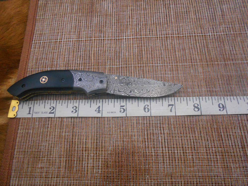 7.5" Folding Knife, 3.5" Hand Forged Twist Pattern Damascus Steel Blade Pocket Knife, 4" scale available in 3 Colors, Liner Lock & Thumb knob Equipped, Cow Hide Leather Sheath