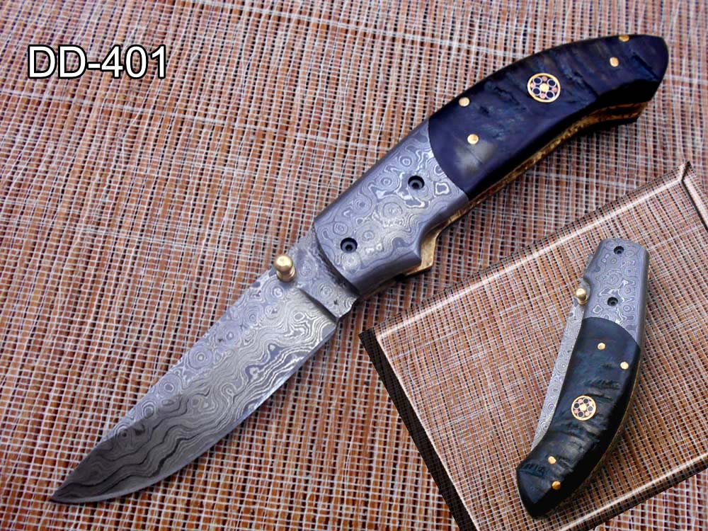 7.5" Folding Knife, 3.5" Hand Forged Twist Pattern Damascus Steel Blade Pocket Knife, 4" scale available in 3 Colors, Liner Lock & Thumb knob Equipped, Cow Hide Leather Sheath
