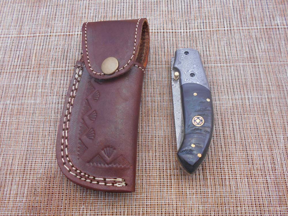 7.5" Folding Knife, 3.5" Hand Forged Twist Pattern Damascus Steel Blade Pocket Knife, 4" scale available in 3 Colors, Liner Lock & Thumb knob Equipped, Cow Hide Leather Sheath