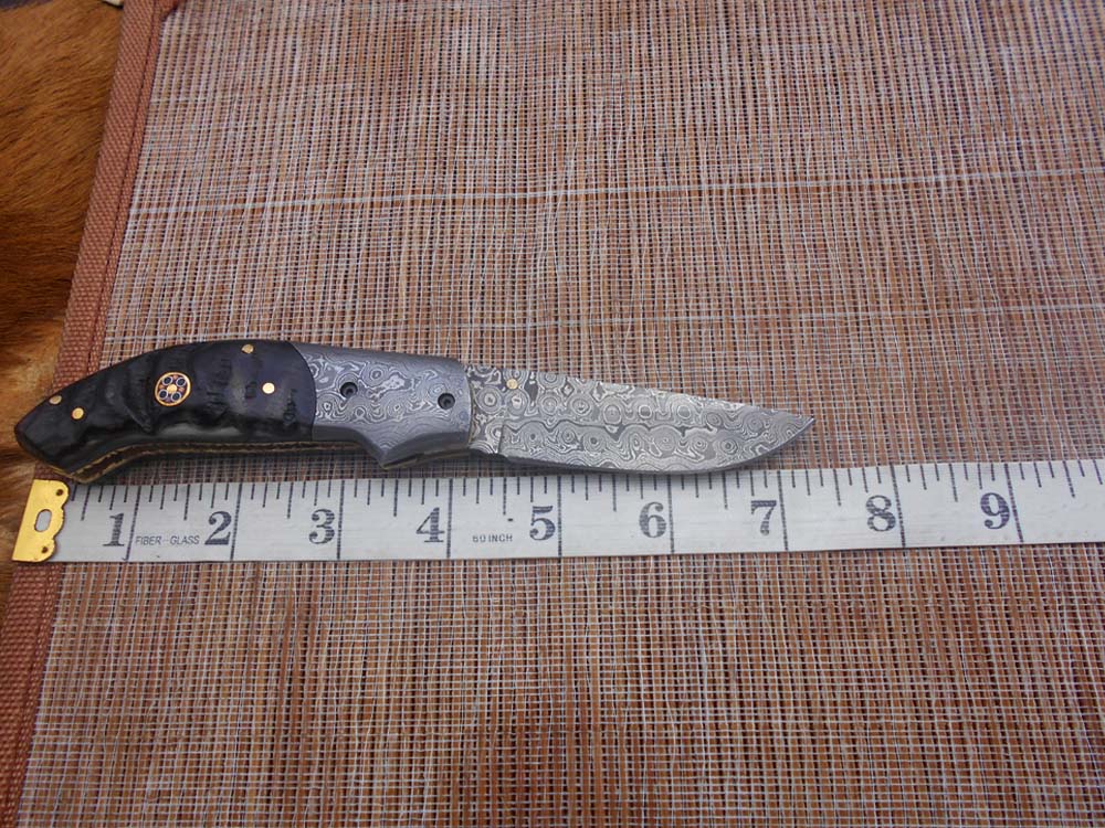 7.5" Folding Knife, 3.5" Hand Forged Twist Pattern Damascus Steel Blade Pocket Knife, 4" scale available in 3 Colors, Liner Lock & Thumb knob Equipped, Cow Hide Leather Sheath
