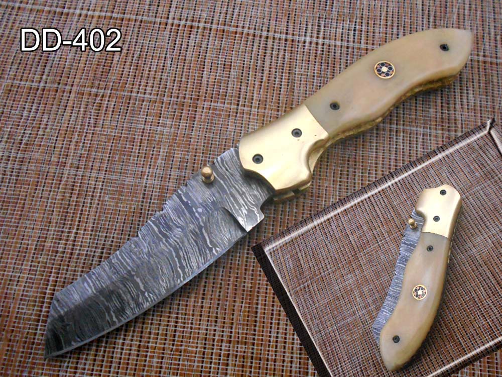 8" Tanto blade folding knife, Hand forged Twist Pattern Damascus steel, Equipped with Thumb pin & liner lock, Available in 5 different scales, Cow hide Leather sheath included