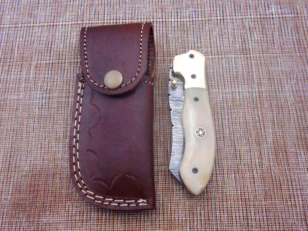 8" Tanto blade folding knife, Hand forged Twist Pattern Damascus steel, Equipped with Thumb pin & liner lock, Available in 5 different scales, Cow hide Leather sheath included