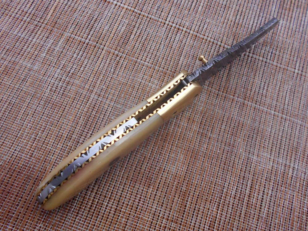 8" Tanto blade folding knife, Hand forged Twist Pattern Damascus steel, Equipped with Thumb pin & liner lock, Available in 5 different scales, Cow hide Leather sheath included