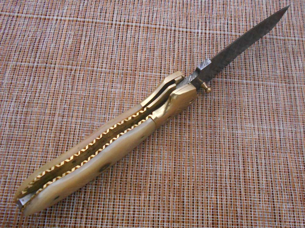 8" Tanto blade folding knife, Hand forged Twist Pattern Damascus steel, Equipped with Thumb pin & liner lock, Available in 5 different scales, Cow hide Leather sheath included