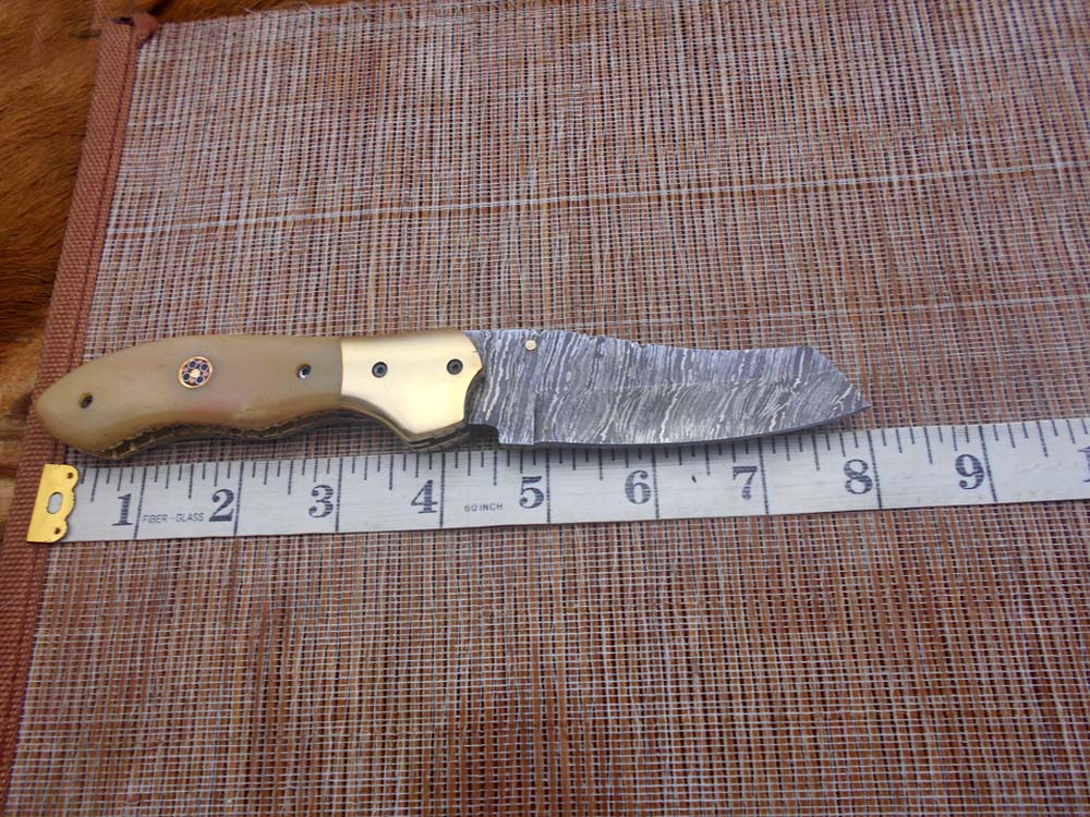 8" Tanto blade folding knife, Hand forged Twist Pattern Damascus steel, Equipped with Thumb pin & liner lock, Available in 5 different scales, Cow hide Leather sheath included