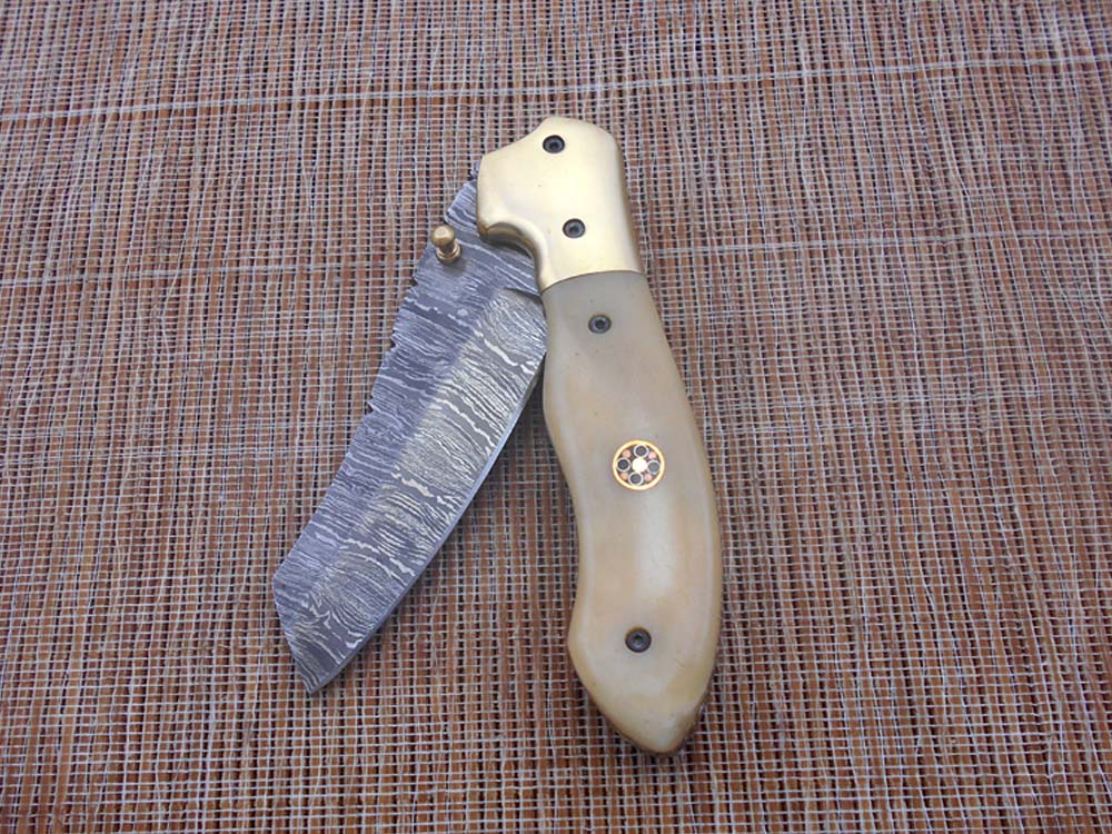 8" Tanto blade folding knife, Hand forged Twist Pattern Damascus steel, Equipped with Thumb pin & liner lock, Available in 5 different scales, Cow hide Leather sheath included
