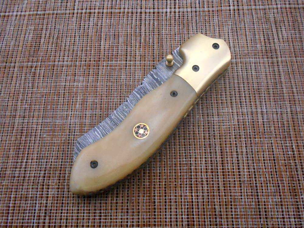 8" Tanto blade folding knife, Hand forged Twist Pattern Damascus steel, Equipped with Thumb pin & liner lock, Available in 5 different scales, Cow hide Leather sheath included