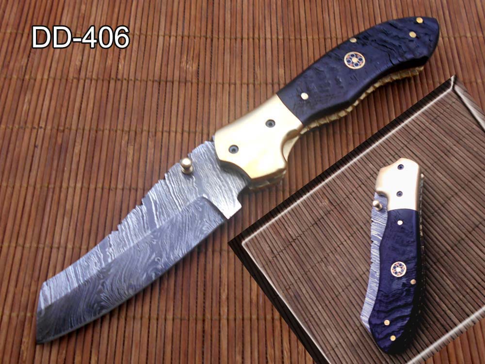 8" Tanto blade folding knife, Hand forged Twist Pattern Damascus steel, Equipped with Thumb pin & liner lock, Available in 5 different scales, Cow hide Leather sheath included