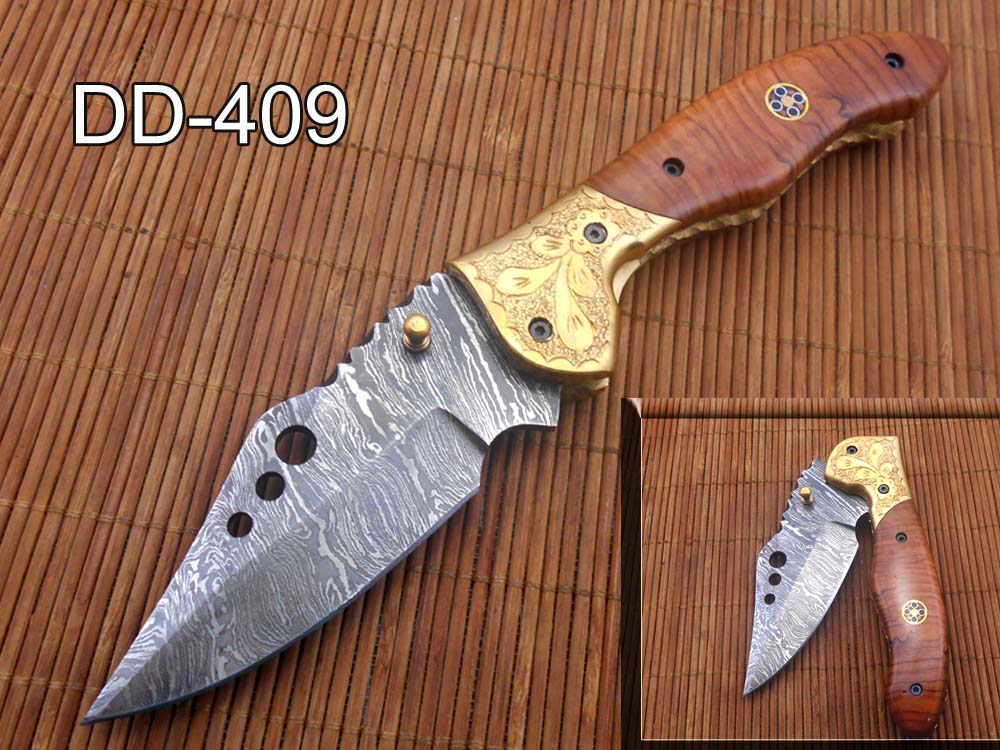 7.5" Folding Knife, 3.5" Hand Forged Twist Pattern Damascus Steel Blade with 3 Holes, Available in 3 Scale colors Pocket Knife, Liner Lock & Thumb knob Equipped, Cow Hide Leather Sheath included