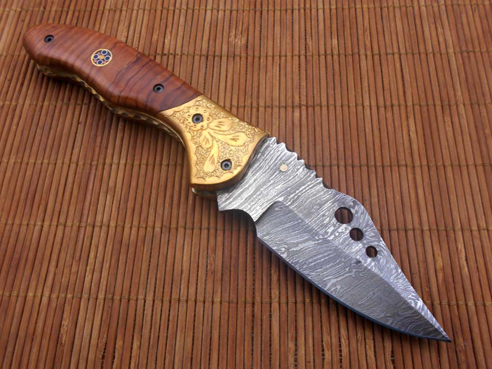 7.5" Folding Knife, 3.5" Hand Forged Twist Pattern Damascus Steel Blade with 3 Holes, Available in 3 Scale colors Pocket Knife, Liner Lock & Thumb knob Equipped, Cow Hide Leather Sheath included