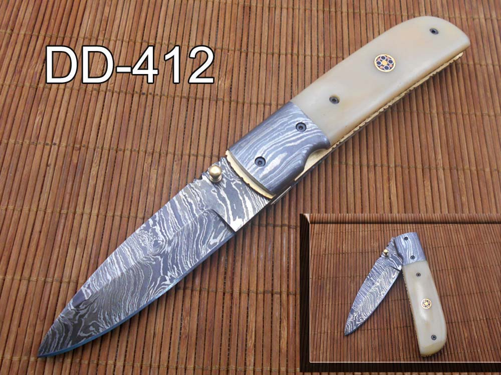 7.75" Damascus steel folding knife, liner lock, thumb knob, Cow sheath