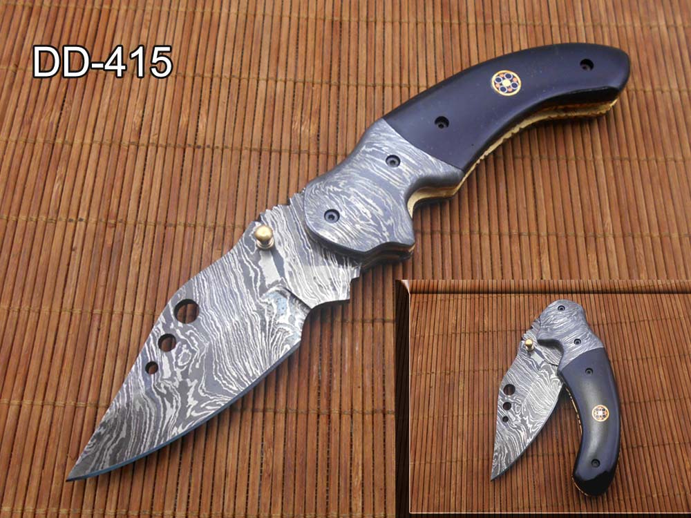 7.5" Folding Knife, 3.5" Hand Forged Twist Pattern Damascus Steel Blade with 3 Holes, Available in 3 Scale colors Pocket Knife, Liner Lock & Thumb knob Equipped, Cow Hide Leather Sheath included