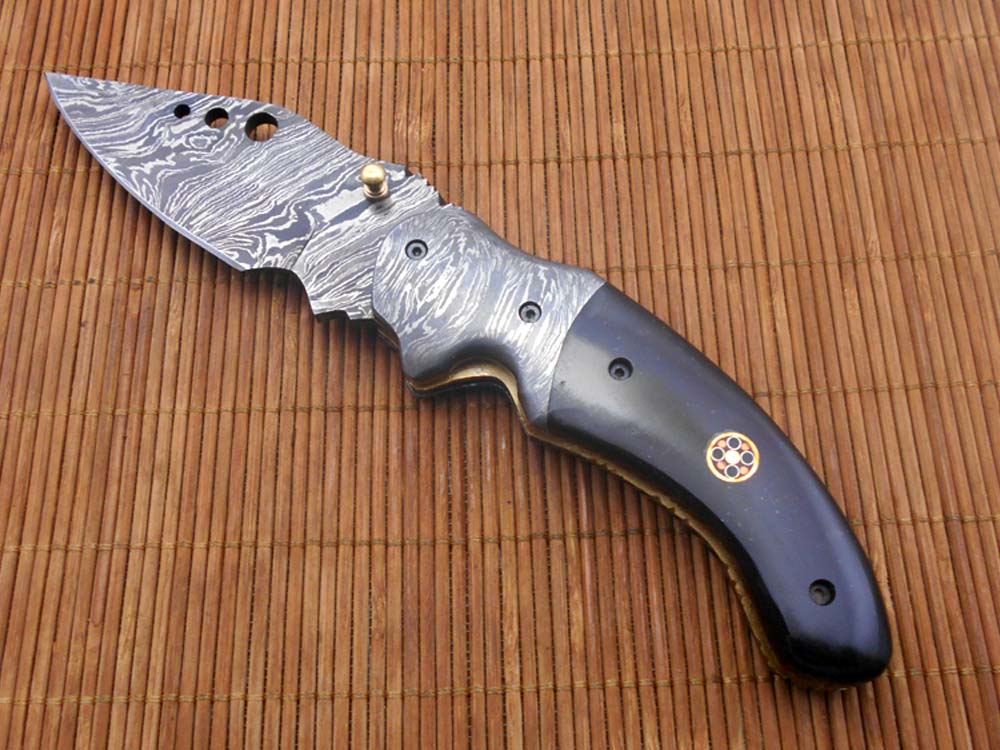 7.5" Folding Knife, 3.5" Hand Forged Twist Pattern Damascus Steel Blade with 3 Holes, Available in 3 Scale colors Pocket Knife, Liner Lock & Thumb knob Equipped, Cow Hide Leather Sheath included