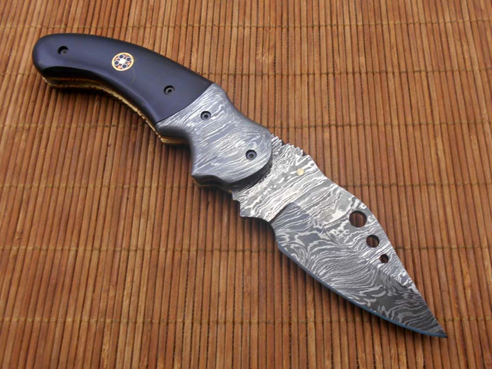 7.5" Folding Knife, 3.5" Hand Forged Twist Pattern Damascus Steel Blade with 3 Holes, Available in 3 Scale colors Pocket Knife, Liner Lock & Thumb knob Equipped, Cow Hide Leather Sheath included