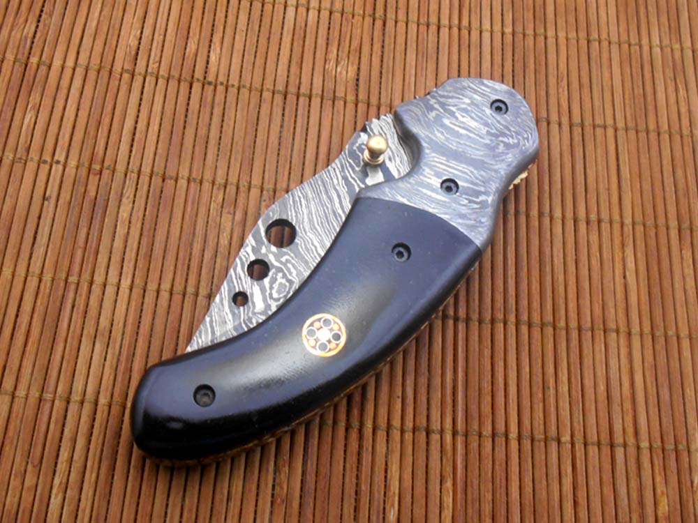 7.5" Folding Knife, 3.5" Hand Forged Twist Pattern Damascus Steel Blade with 3 Holes, Available in 3 Scale colors Pocket Knife, Liner Lock & Thumb knob Equipped, Cow Hide Leather Sheath included