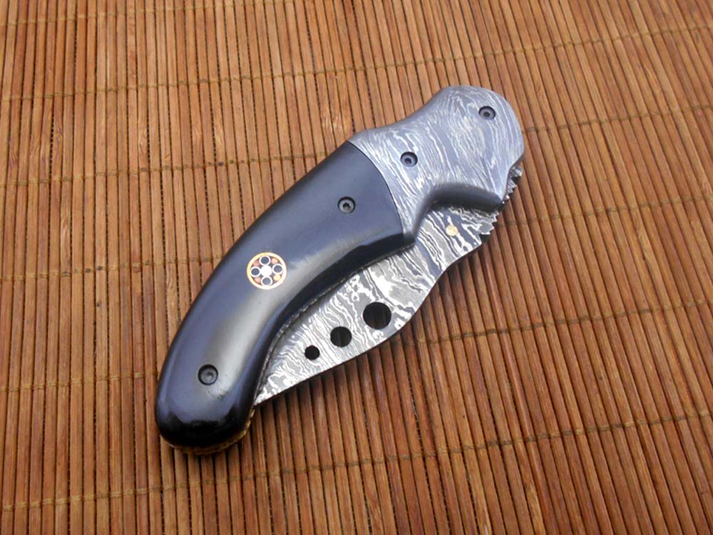 7.5" Folding Knife, 3.5" Hand Forged Twist Pattern Damascus Steel Blade with 3 Holes, Available in 3 Scale colors Pocket Knife, Liner Lock & Thumb knob Equipped, Cow Hide Leather Sheath included