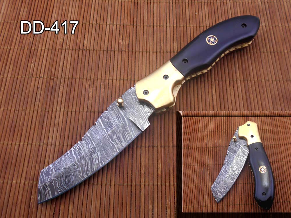 8" Tanto blade folding knife, Hand forged Twist Pattern Damascus steel, Equipped with Thumb pin & liner lock, Available in 5 different scales, Cow hide Leather sheath included