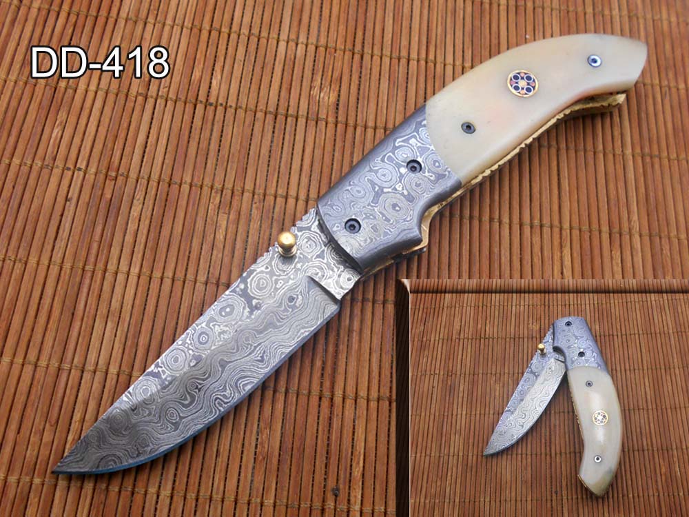 7.5" Folding Knife, 3.5" Hand Forged Twist Pattern Damascus Steel Blade Pocket Knife, 4" scale available in 3 Colors, Liner Lock & Thumb knob Equipped, Cow Hide Leather Sheath
