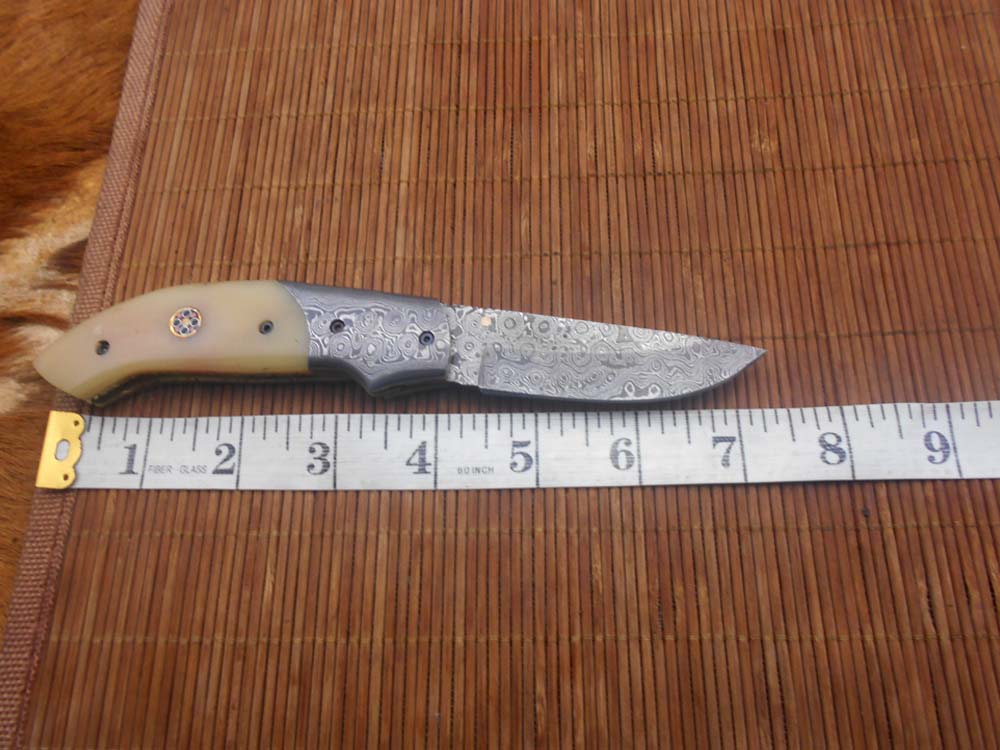 7.5" Folding Knife, 3.5" Hand Forged Twist Pattern Damascus Steel Blade Pocket Knife, 4" scale available in 3 Colors, Liner Lock & Thumb knob Equipped, Cow Hide Leather Sheath