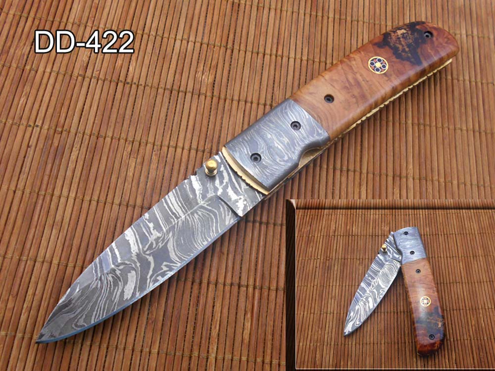 7.75" Damascus steel folding knife, liner lock, thumb knob, Cow sheath