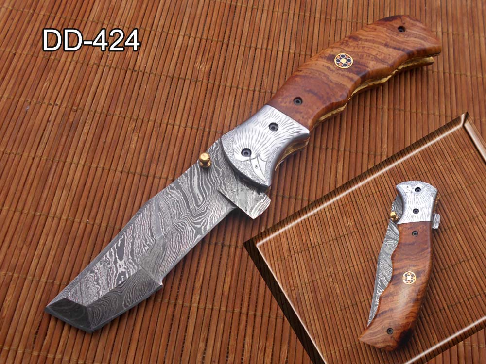 Folding knife Tracker blade knife with Engraved bird on steel bolster, 8" Hand forged Damascus steel, Available in 3 scales, Equipped with Brass Liner lock, Cow hide Leather sheath with belt loop