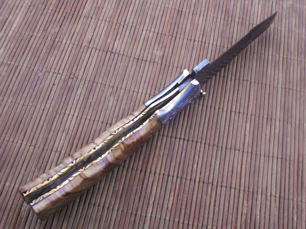 Folding knife Tracker blade knife with Engraved bird on steel bolster, 8" Hand forged Damascus steel, Available in 3 scales, Equipped with Brass Liner lock, Cow hide Leather sheath with belt loop