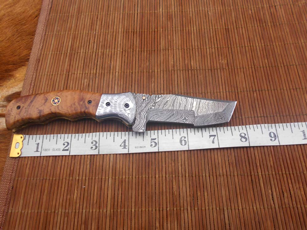 Folding knife Tracker blade knife with Engraved bird on steel bolster, 8" Hand forged Damascus steel, Available in 3 scales, Equipped with Brass Liner lock, Cow hide Leather sheath with belt loop