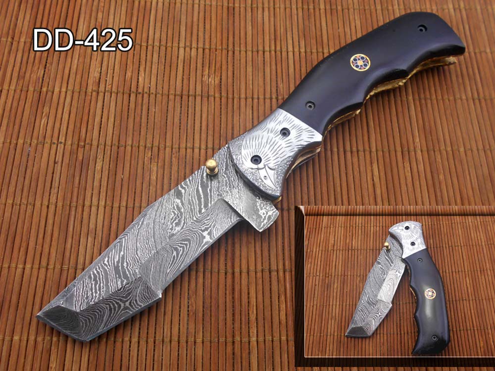 Folding knife Tracker blade knife with Engraved bird on steel bolster, 8" Hand forged Damascus steel, Available in 3 scales, Equipped with Brass Liner lock, Cow hide Leather sheath with belt loop
