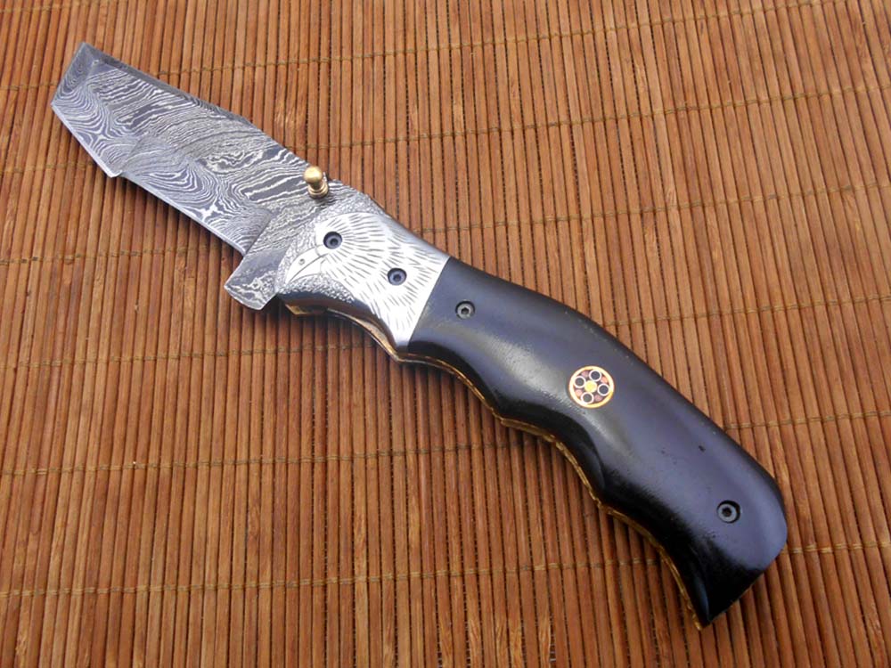 Folding knife Tracker blade knife with Engraved bird on steel bolster, 8" Hand forged Damascus steel, Available in 3 scales, Equipped with Brass Liner lock, Cow hide Leather sheath with belt loop
