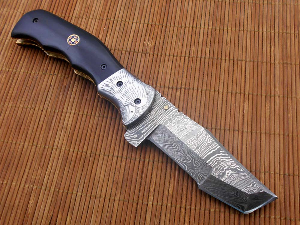 Folding knife Tracker blade knife with Engraved bird on steel bolster, 8" Hand forged Damascus steel, Available in 3 scales, Equipped with Brass Liner lock, Cow hide Leather sheath with belt loop