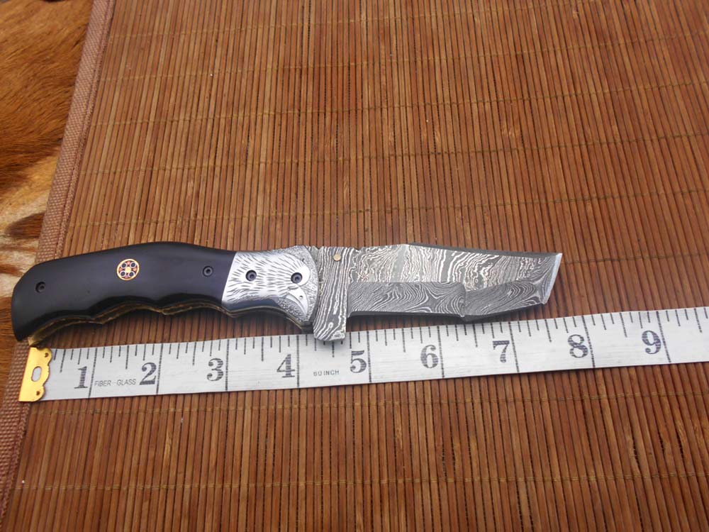 Folding knife Tracker blade knife with Engraved bird on steel bolster, 8" Hand forged Damascus steel, Available in 3 scales, Equipped with Brass Liner lock, Cow hide Leather sheath with belt loop
