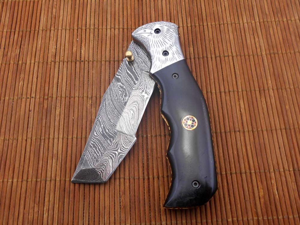 Folding knife Tracker blade knife with Engraved bird on steel bolster, 8" Hand forged Damascus steel, Available in 3 scales, Equipped with Brass Liner lock, Cow hide Leather sheath with belt loop
