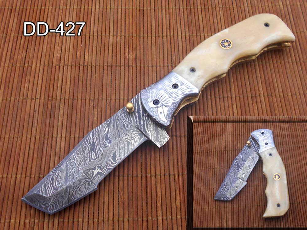 Folding knife Tracker blade knife with Engraved bird on steel bolster, 8" Hand forged Damascus steel, Available in 3 scales, Equipped with Brass Liner lock, Cow hide Leather sheath with belt loop