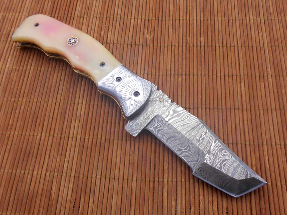 Folding knife Tracker blade knife with Engraved bird on steel bolster, 8" Hand forged Damascus steel, Available in 3 scales, Equipped with Brass Liner lock, Cow hide Leather sheath with belt loop