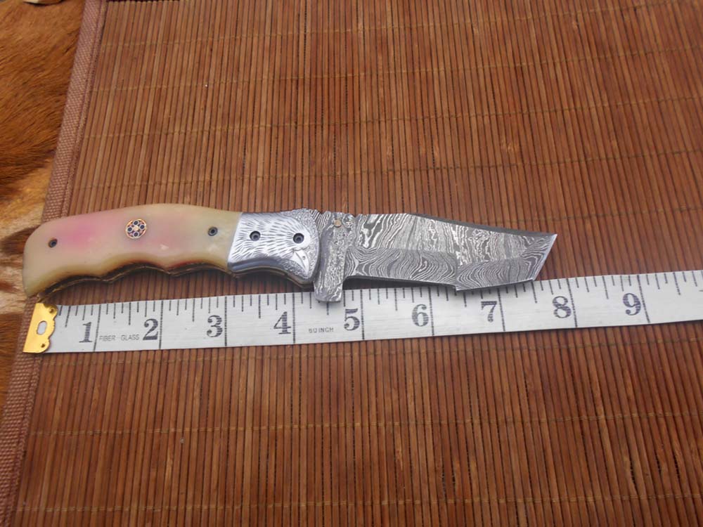 Folding knife Tracker blade knife with Engraved bird on steel bolster, 8" Hand forged Damascus steel, Available in 3 scales, Equipped with Brass Liner lock, Cow hide Leather sheath with belt loop