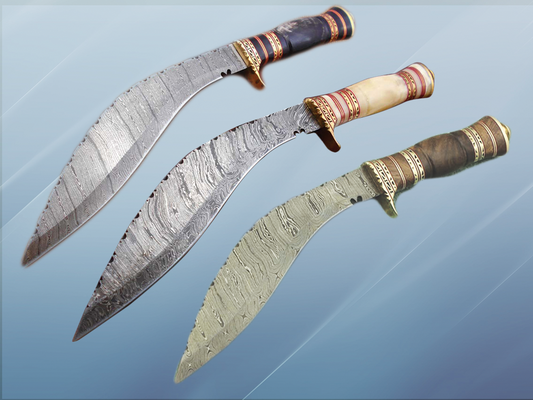 15 Inches long Damascus Steel Kukri Knife, custom made Hand Forged Damascus steel With 10" long blade, Black Bull horn crafted with engraved brass scale, Cow Leather Sheath