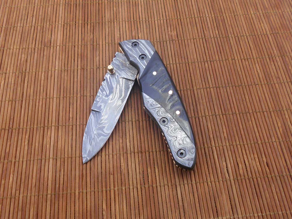 8" long Damascus steel custom made Folding Knife with pocket clip, Available in various scales option with Damascus, 3.5" Damascus steel blade with Liner lock, Includes Cow hide leather sheath