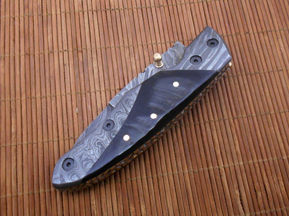 8" long Damascus steel custom made Folding Knife with pocket clip, Available in various scales option with Damascus, 3.5" Damascus steel blade with Liner lock, Includes Cow hide leather sheath