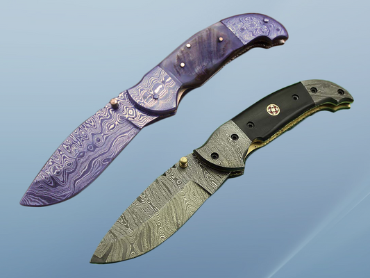 8 Inch Damascus steel folding knife, Available in Bone, Bull horn and Ram scales with Damascus bolster, Equipped with Thumb closing knob and liner lock, Cow hide Leather sheath with belt loop