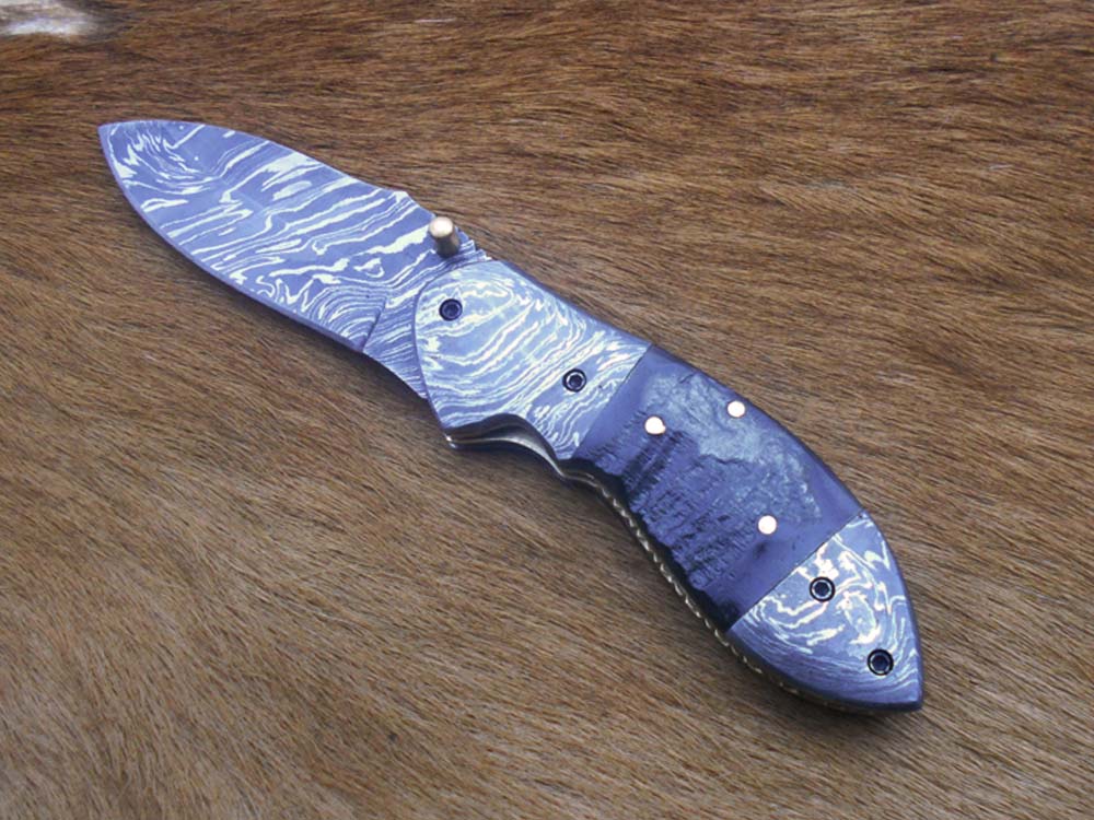 Damascus steel 7" folding knife, liner lock, thumb knob, Cow sheath, 4 Colors