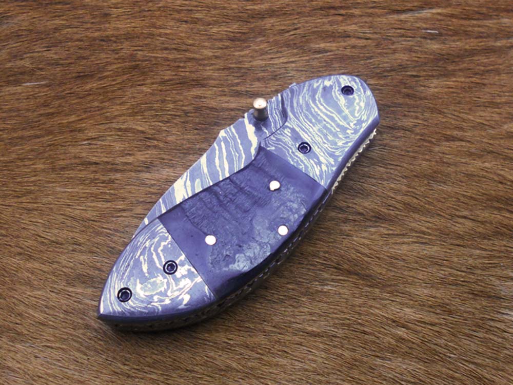 Damascus steel 7" folding knife, liner lock, thumb knob, Cow sheath, 4 Colors