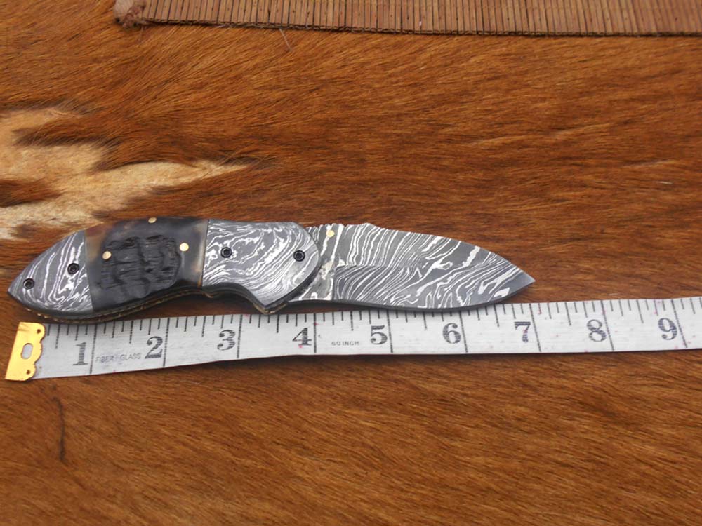 Damascus steel 7" folding knife, liner lock, thumb knob, Cow sheath, 4 Colors