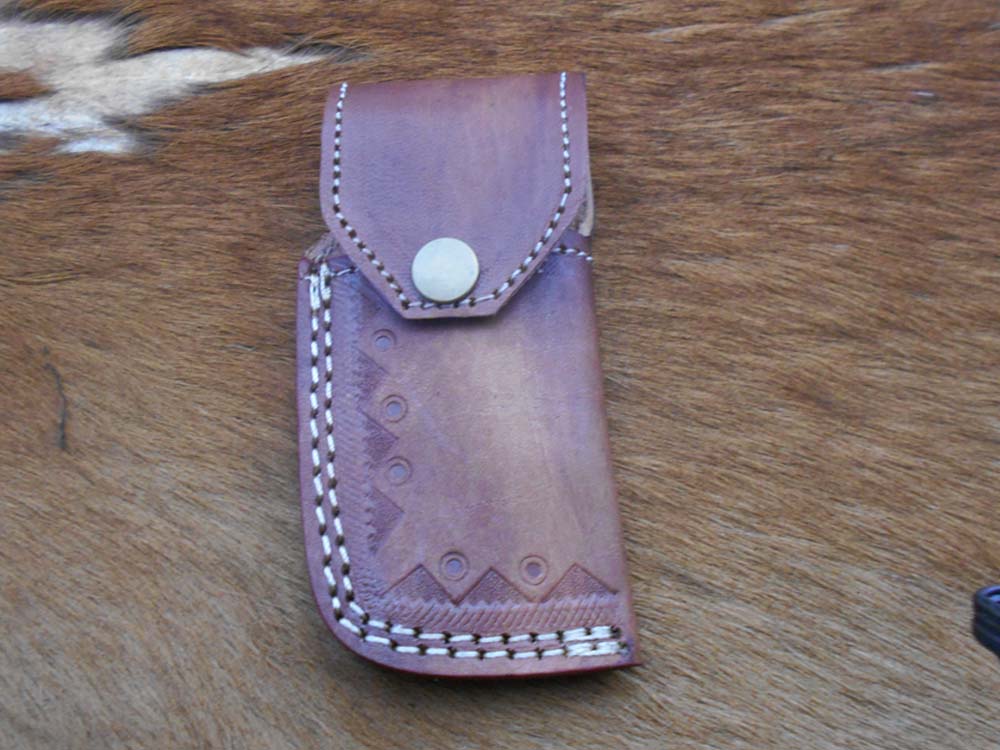 Damascus steel 7" folding knife, liner lock, thumb knob, Cow sheath, 4 Colors
