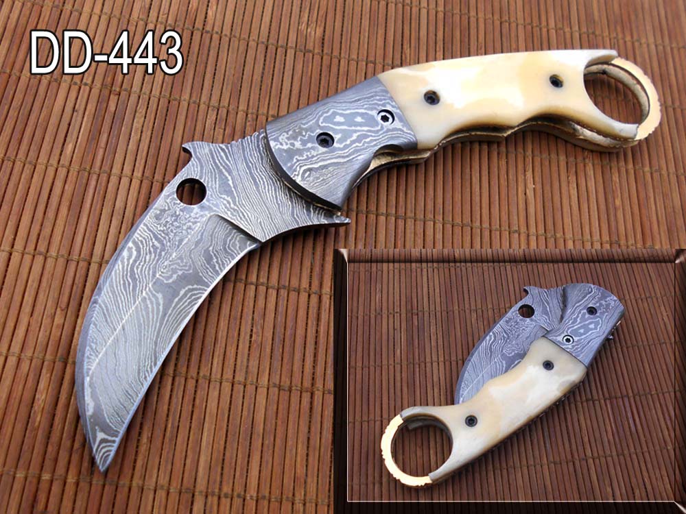 7.5" Damascus steel Karambit folding knife, Black, white and green colors scales with finger hole, Cow Leather sheath included